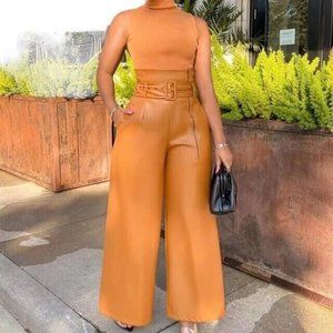 Womens Palazzo Dress Pants Size XL Yellow Cotton Pu Leather High Waist Wide-Leg